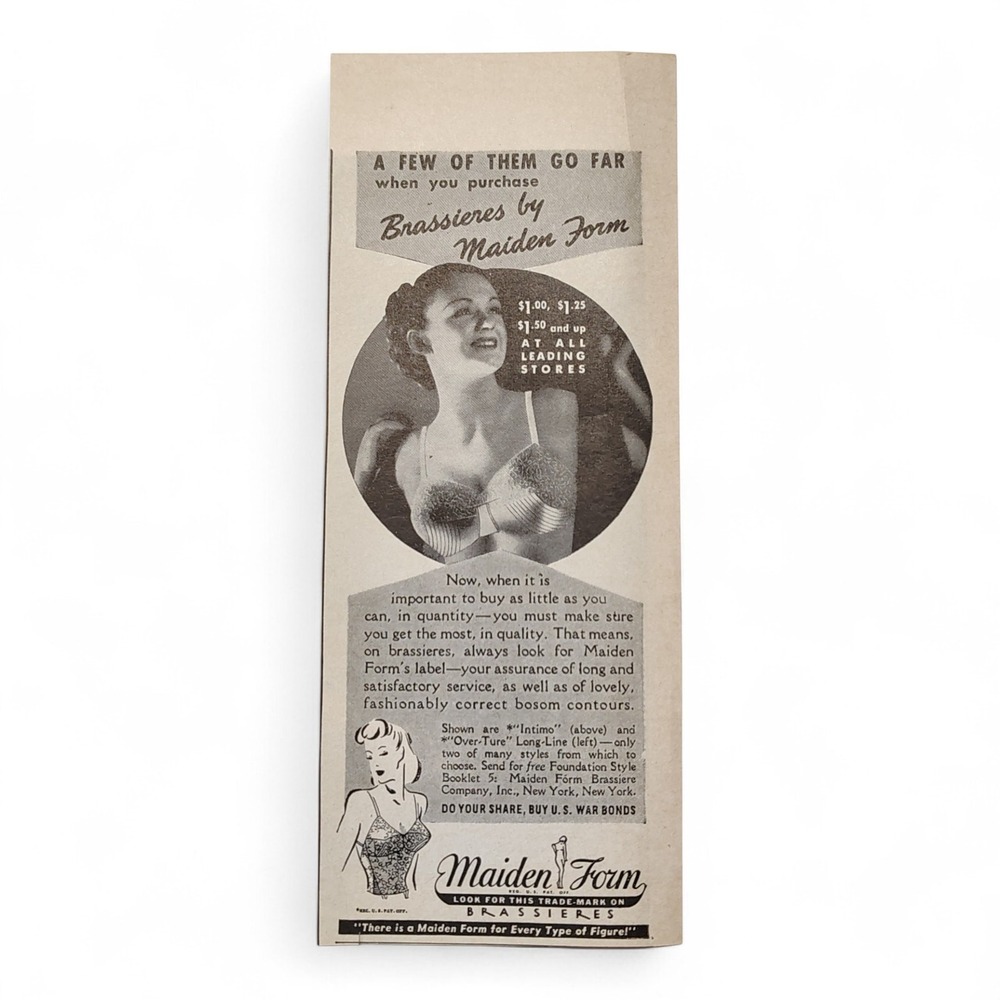 1943 Maiden Form Print Ad Woman Modeling Brassiere 1940s Lingerie Ephemera